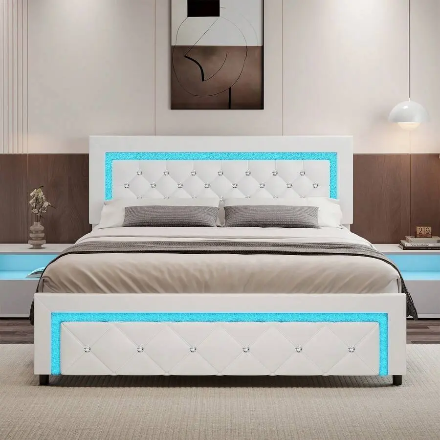 Twin/ Full/ Queen Size  Frame With LED Lights, Upholstered Platform  With Diamond Tufted Headboard, No Box Spring Needed, Noise Free, Easy Assembly, Black/ White/ Pink, Twin/ Full/ Queen bed mirror, Rgb Led Lights, Metal Frame