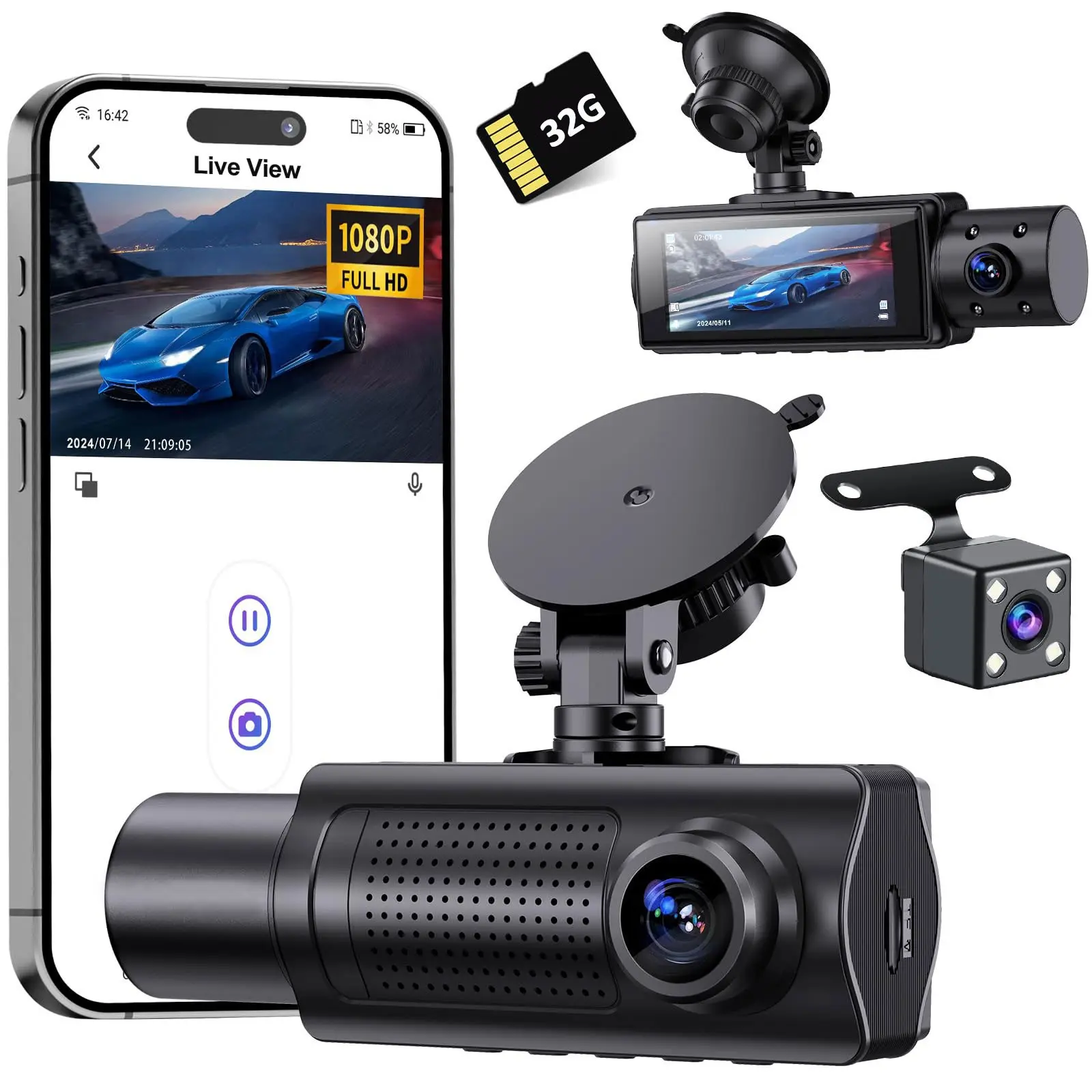 3 Channel 360° Dash Cam with WiFi - Front/Rear/Inside Triple Recording, 1080P HD, Starlight Night Vision, WDR, G-Sensor, Parking Mode, 24/7 Security Monitoring for Accident Evidence & Security