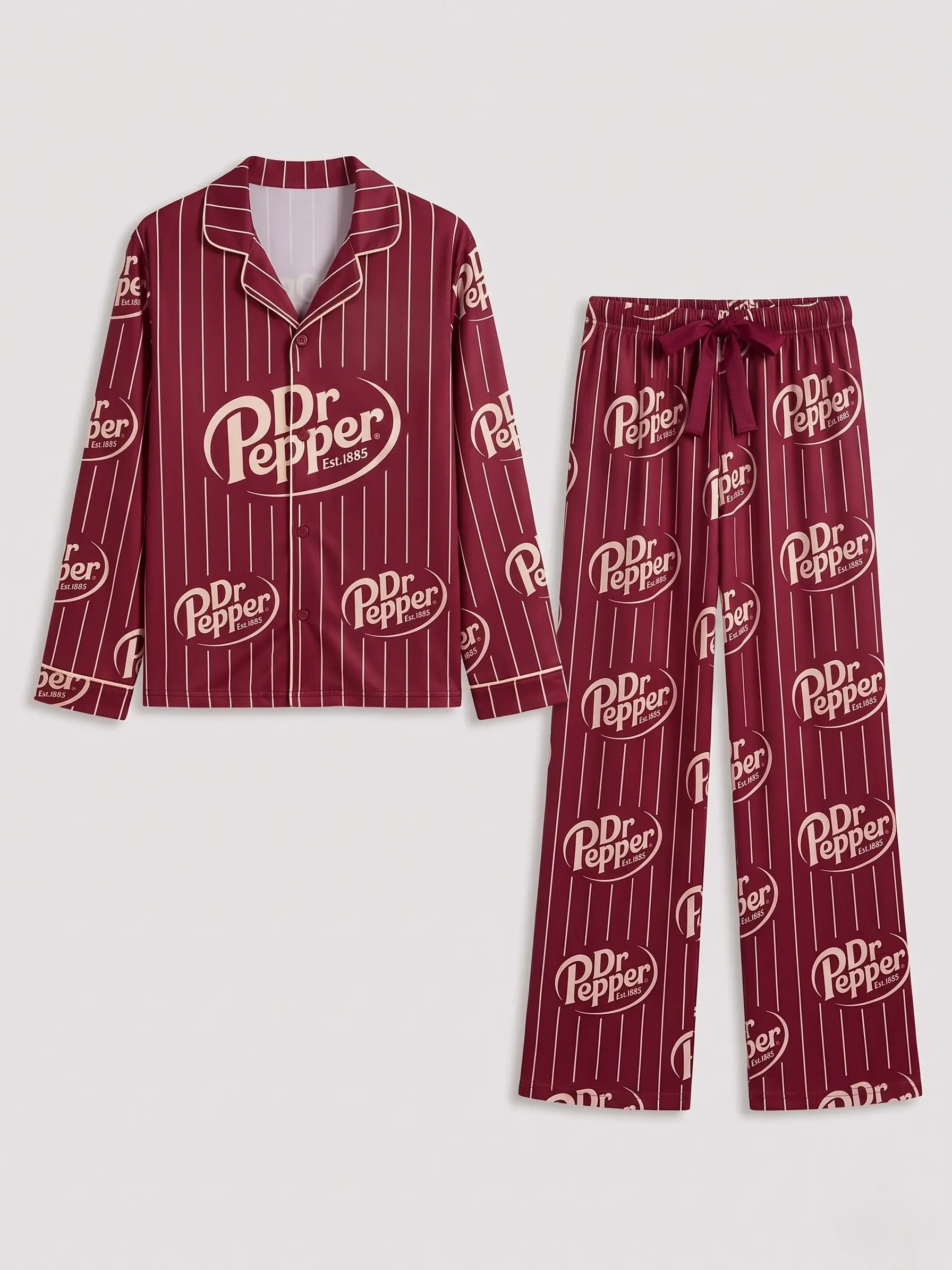 Funny Soda Pajama Set, Women's Long Sleeve Button Down PJs, Burgundy Retro Soda Print Sleepwear, Cozy Lounge Gift