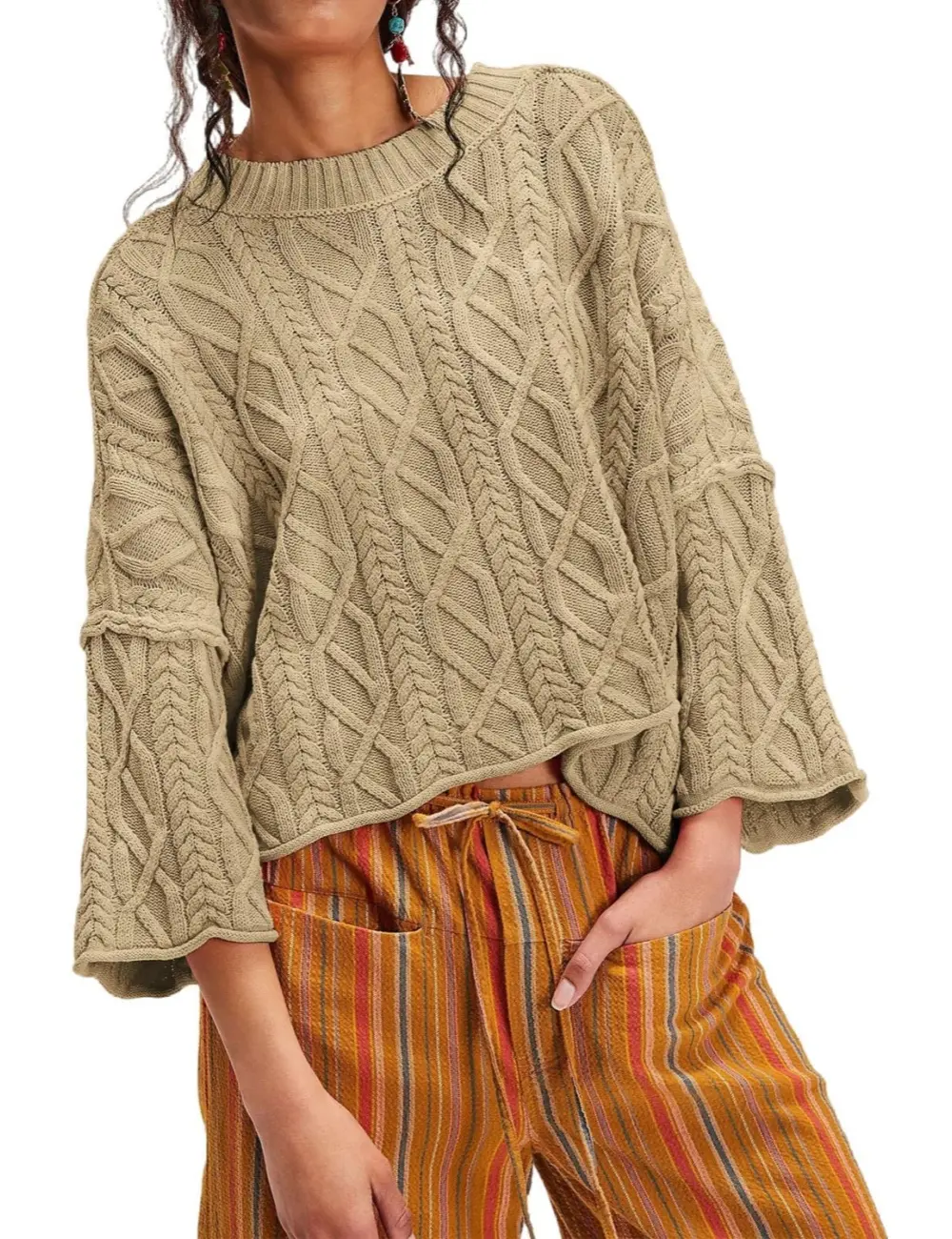 Ebossy Womens Cropped Sweaters Oversized Cable Knit Crewneck Long Sleeve Pullover Trendy Casual Loose Sweater Tops