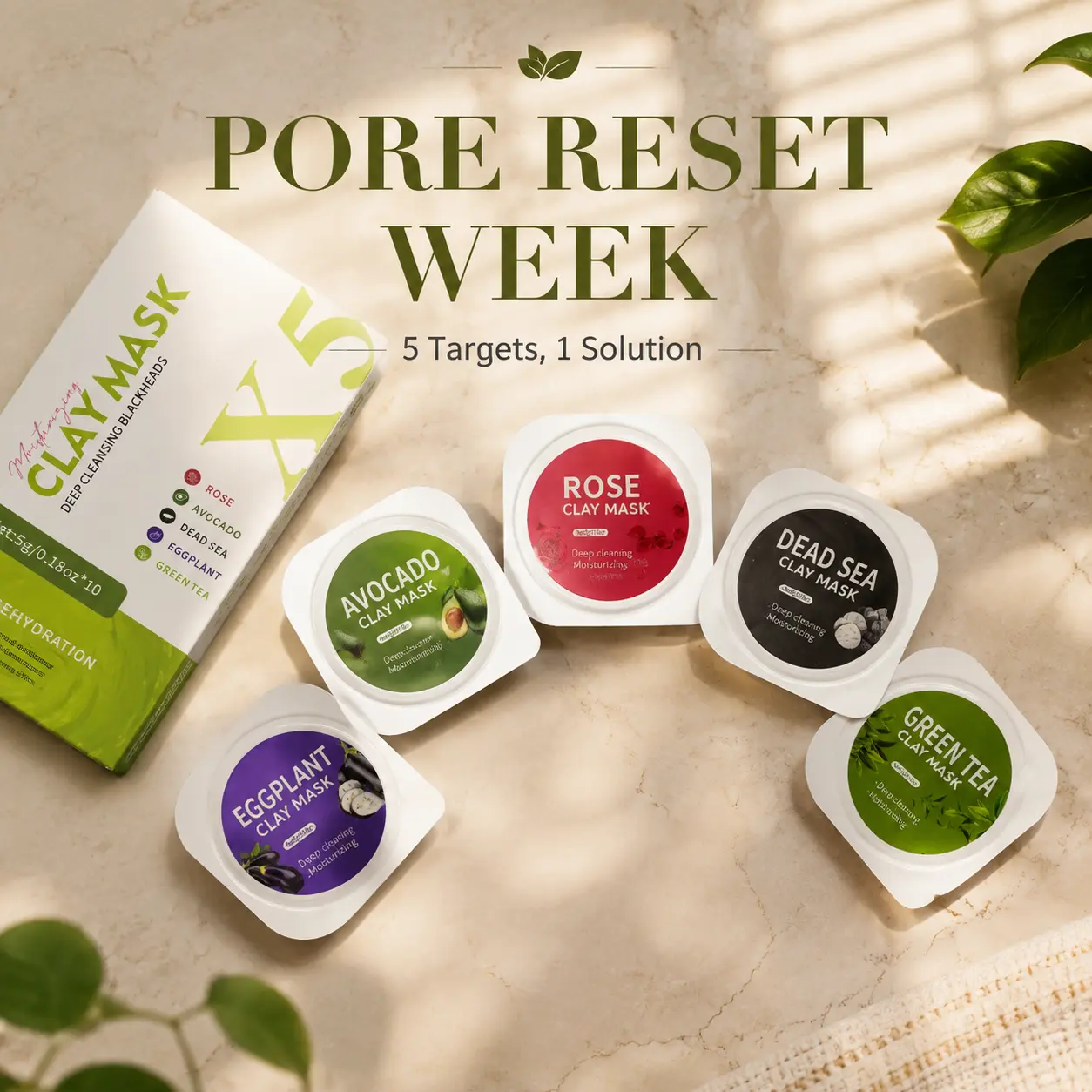 5-in-1 Moisturizing Clay Mask Set for Deep Cleansing and Blackhead Removal - 10 Single-Use Facial Pods with Rose, Avocado, Dead Sea, Eggplant, & Green Tea - Pore Refining Travel-Size Skincare Kit - 0.18oz x 10