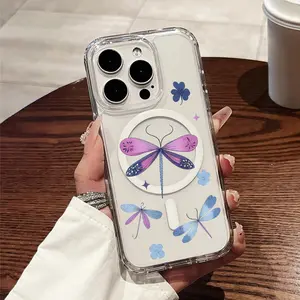 Phone Case: Dragonfly and Flower Motifs for Dreamy Whimsical Decor. Transparent Thickened Shockproof Hard Case with Magnetic Ring Supports Wireless Charging for iPhone 17 E Air Pro ProMax iPhone16 15 14 Plus 13 12 11 X XS XR- A Top Choice for Fresh