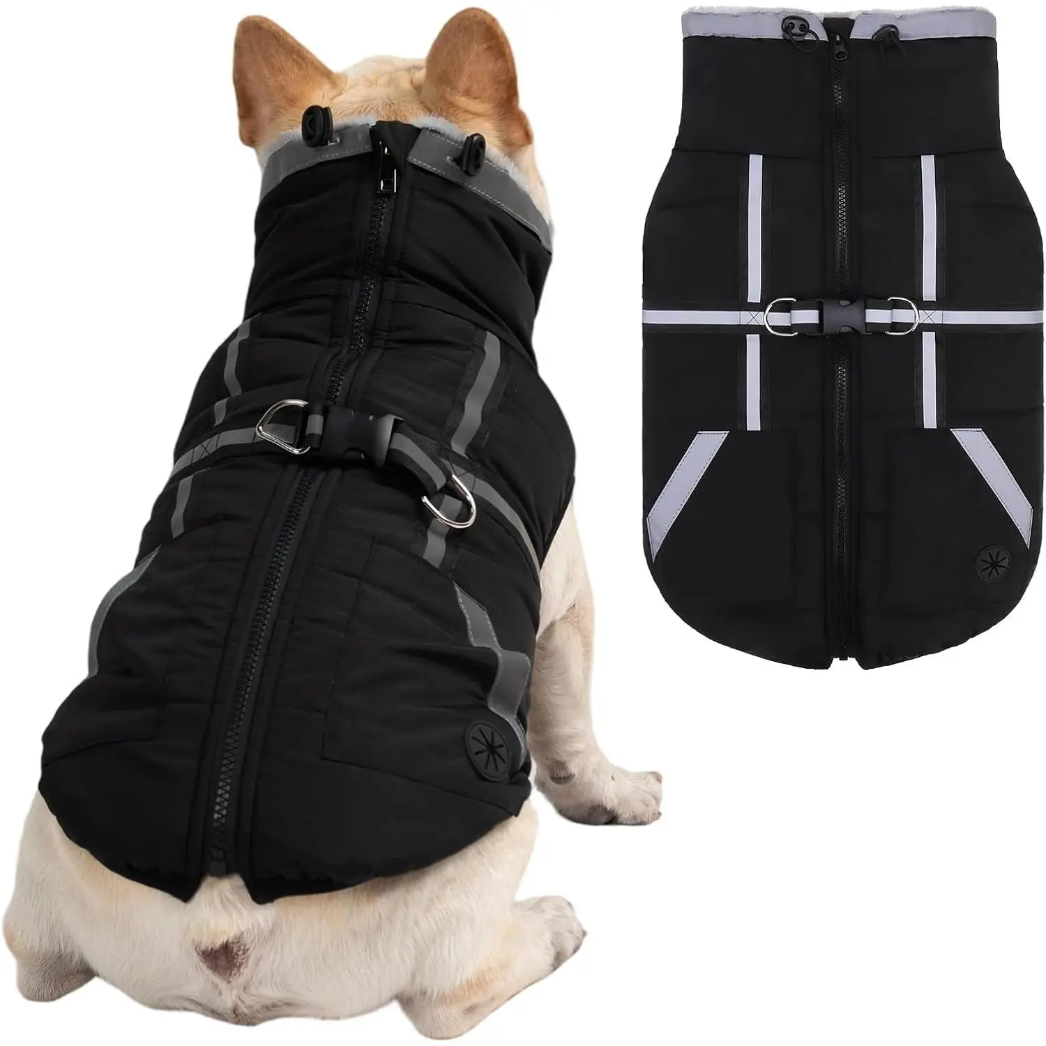 Mihachi Dog Snow Jacket Waterproof Dog Coat with Harness Built in,Thick Fleece Lined & Pockets,Turtleneck Warm Winter Jacket for Middle Dogs Reflective Fleece Vest with Zipper,Snowsuit Outfit,Black M