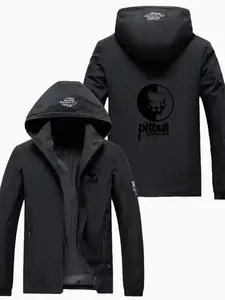 Men's Lightweight Polyester Fashion Hooded Jacket, Pitbull Letter Print, Front Zipper, Casual Outdoor Spring Fall Summer Coat