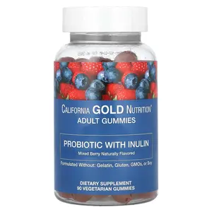 California Gold Nutrition Probiotic with Inulin Gummies with Vitamin C, Folate, Berry Extract Blend and Organic Inulin, Natural Mixed Berry, 90 Vegetarian Gummies