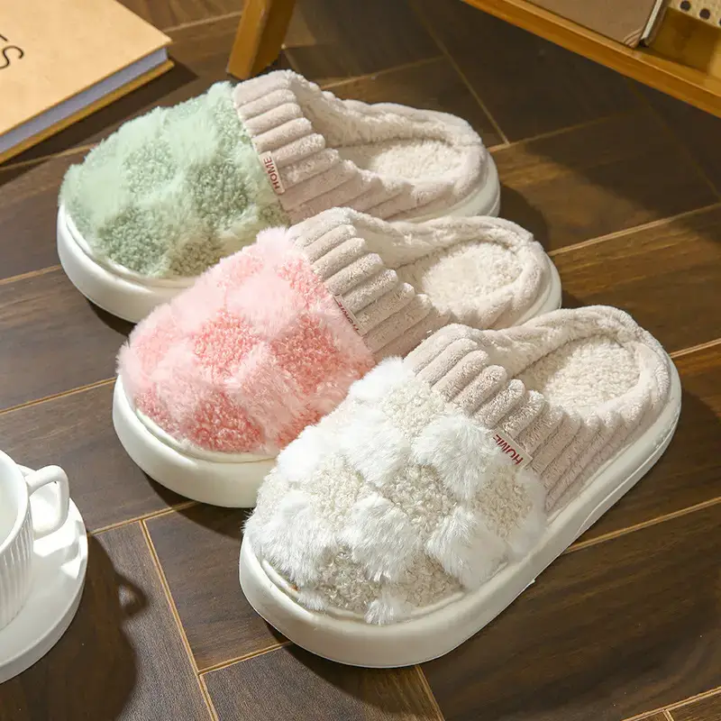 Checkered Fluffy Warm Home Slippers, Closed Toe Soft Sole House Shoes, Cozy Bedroom Plush Slippers for Outdoor Sports