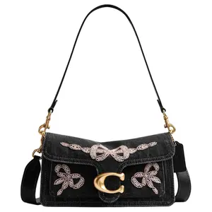 COACH Tabby 26 Logo Bow Beaded Detachable Strap Fabric Shoulder Bag Medium Women's Black