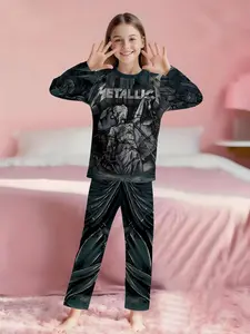 METALLICA Metal Band Rock Style 2-Piece Girls' Digital Printed Long-Sleeve Pajamas with Long Pants, Flame-Retardant Fabric. A fashionable, trendy, casual, comfortable and soft pajama set, suitable for sleeping and home leisure. Made of 100% polyester, per