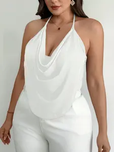 Plus Size Women’s Draped Neck Halter Top, Elegant  Sleeveless Fitted Top for Evening & Summer Wear