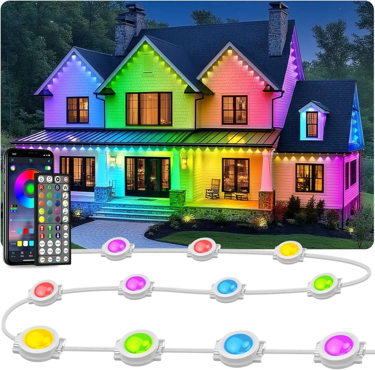 400FT Permanent Outdoor RGB LED Eave Lights for House, IP67 Waterproof Smart Lighting with 300 LEDs, 16M Colors, App Control, All-Season Holiday Christmas Decorations