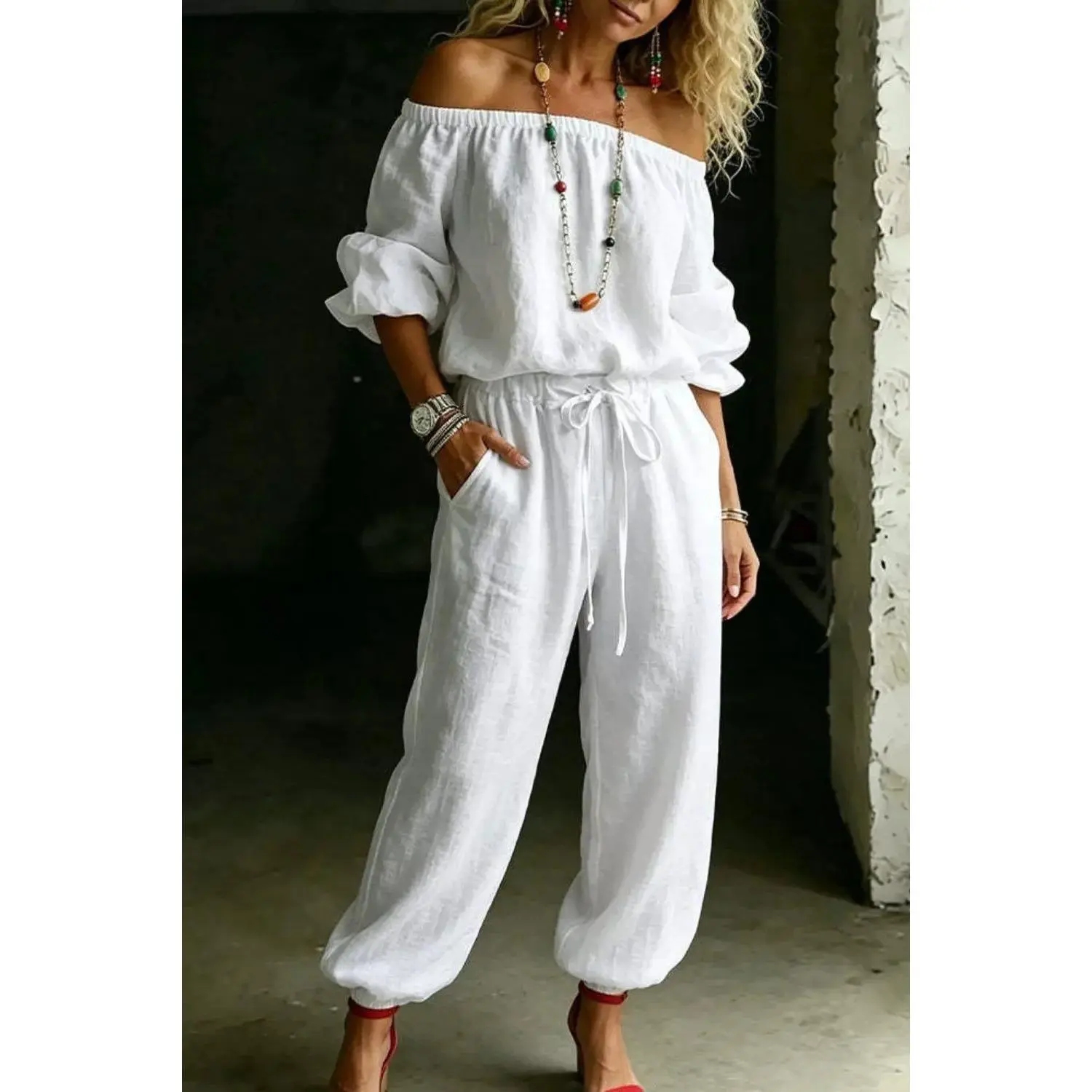 Full Size Off-Shoulder Top and Pants Set Plus Size