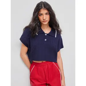 Cider [size 2-26] Cable Knit Polo Solid Button Short Sleeve Crop Top