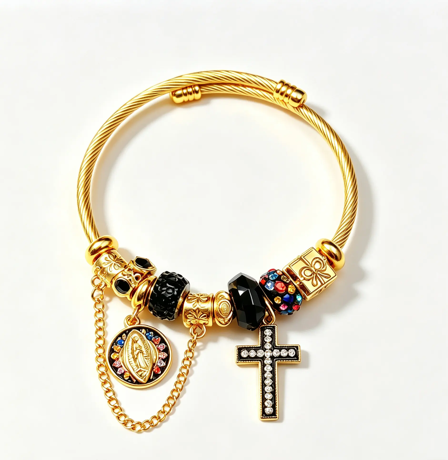 Adjustable Gold-Tone Cable Wire Bangle Bracelet, Virgin Mary Medal & Black Cross Charms Beaded Bracelet, Religious Jewelry Gift for Women