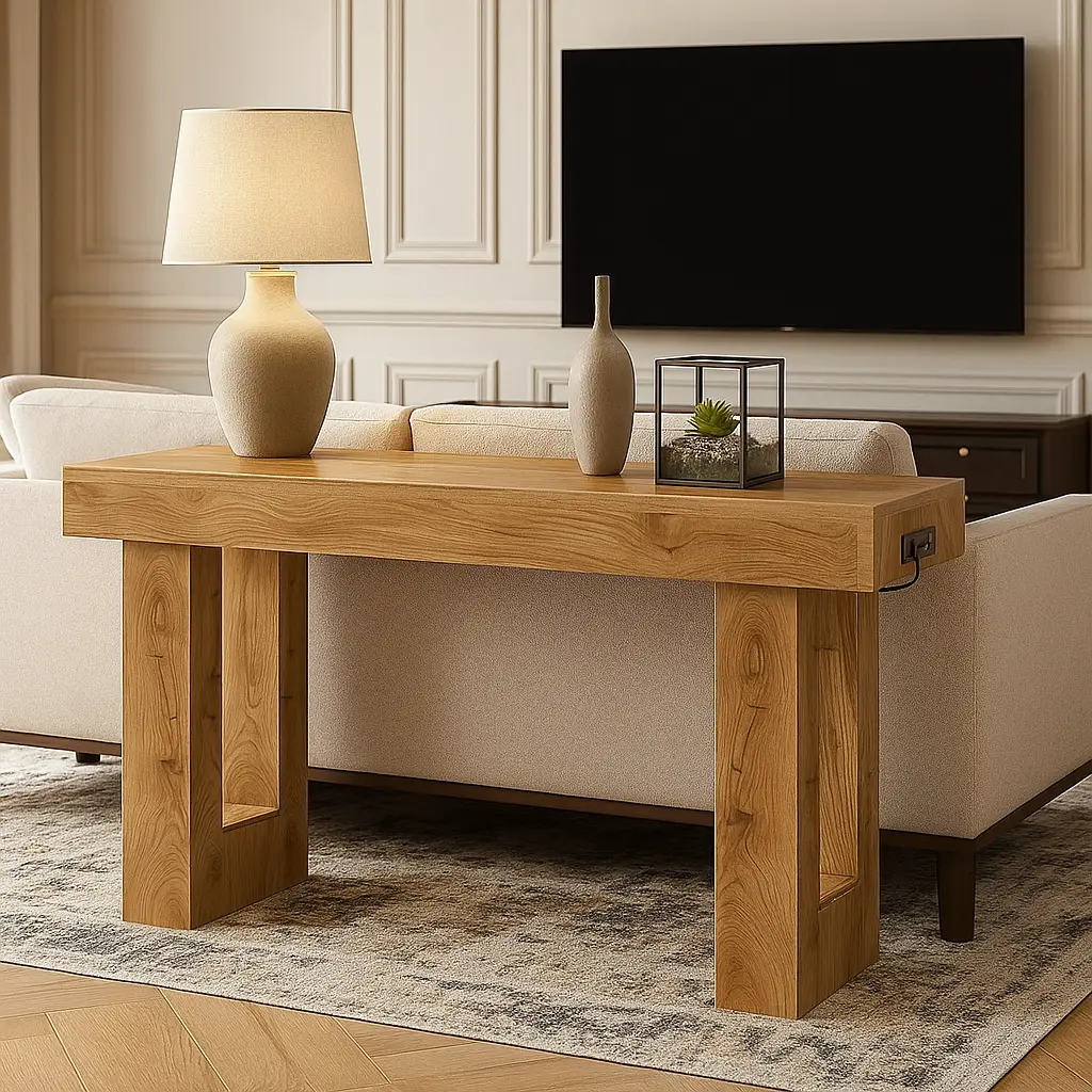 Unikito Narrow Console Table with Electrical Outlet, 63 Inch Entryway Table with Open Shelf, Multi-Functional Farmhouse Sofa Table for Hallway or Livi