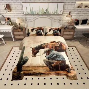 Western Horse Cowboy Comforter Setsouthwest Desert Cactus Bedding Comforter for Kids Boys,Rustic Farmhouse Style Quilt Set,for Bedroom Decor,Duvet Insert,Beige Brown
