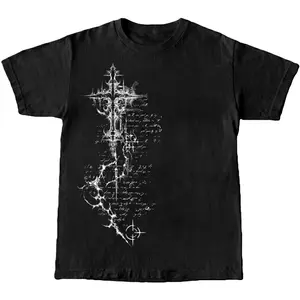 Official Men's Baggy Cotton Gothic Scripture Cross Print Tshirt - Loose Opium Style Streetwear Dark Academia Crucifix Scroll Top, Vintage Emo Grunge Fashion Menswear Alt Clothing White