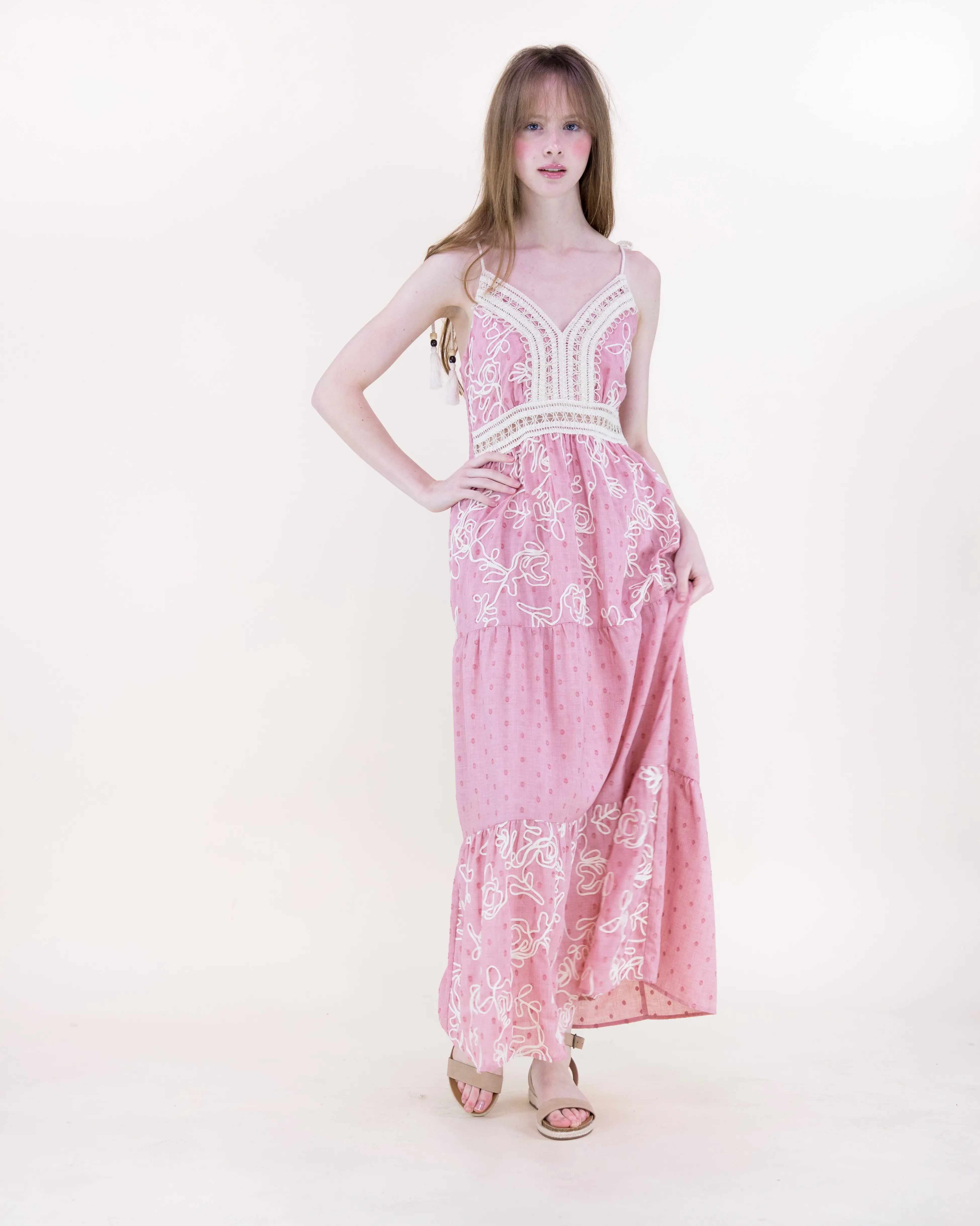 Original USA Women's Casual Cute Floral Embroidered Tiered Maxi Dress - Sleeveless Boho Lacy Trim Breathable Light Vacation Dress, Rayon Blend