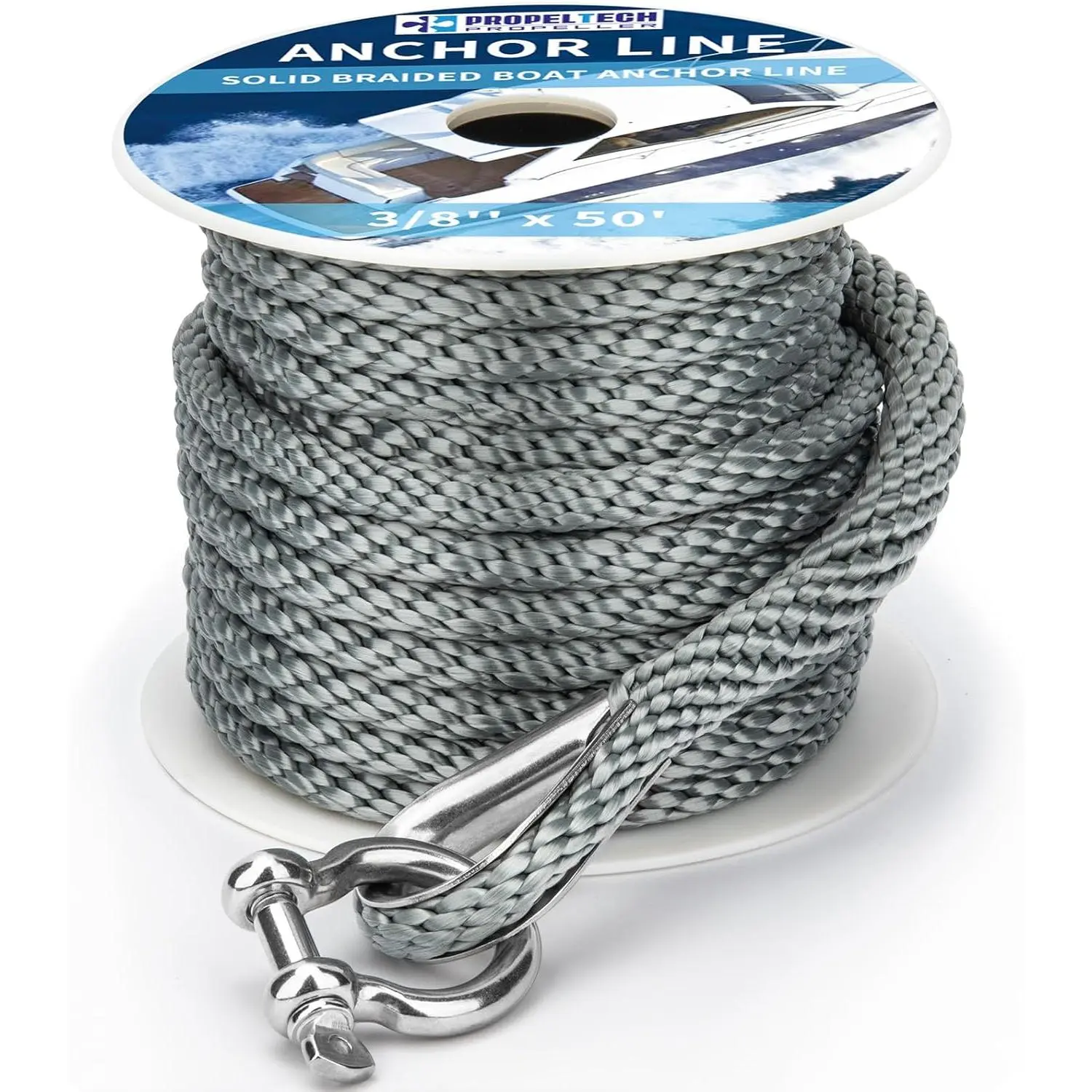 Boat Anchor Rope 3/8 inch 50ft Premium Solid Braid Nylon MFP Boat Rope with Stainless Steel Thimble & Shackle, Quality Marine Line, Grey,Boat Accessories