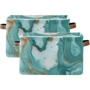 Turquoise Marble Texture Basket Bin Large Storage Basket Toy Basket Canvas Storage Basket Clothes Basket Decorative Basket for Home Office (15X11X9.5Inch,2Pack) KEEPREAL