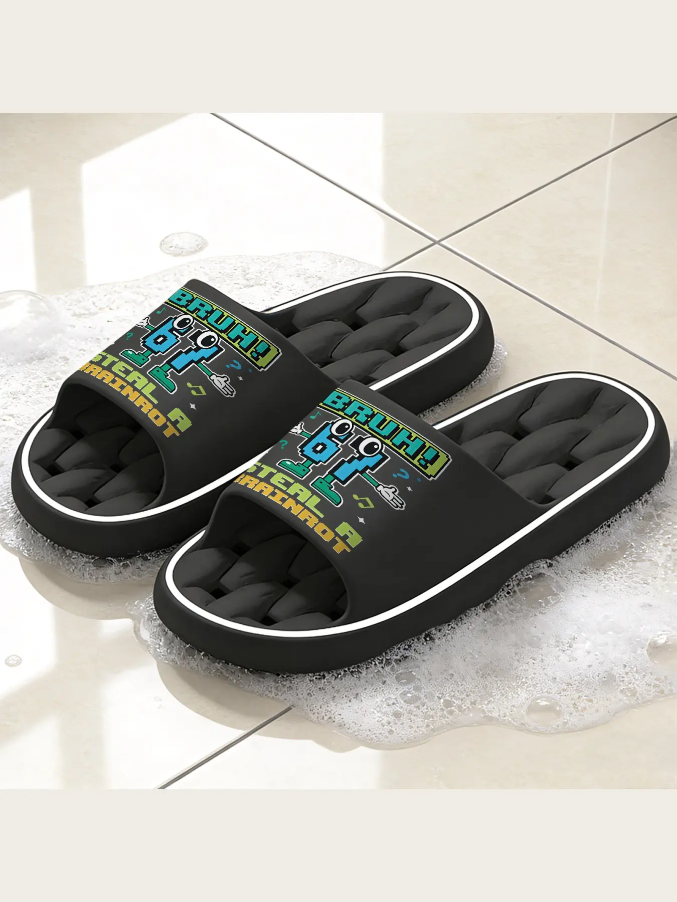 Stylish Casual Slippers Cartoon 61 Pixel Character Print Soft Non-slip House Slippers Comfortable Lightweight Indoor Outdoor Slip-on Shoes Fun Bruh Brainrot Theme Slippers For Men Women Teens Breathable Home Footwear