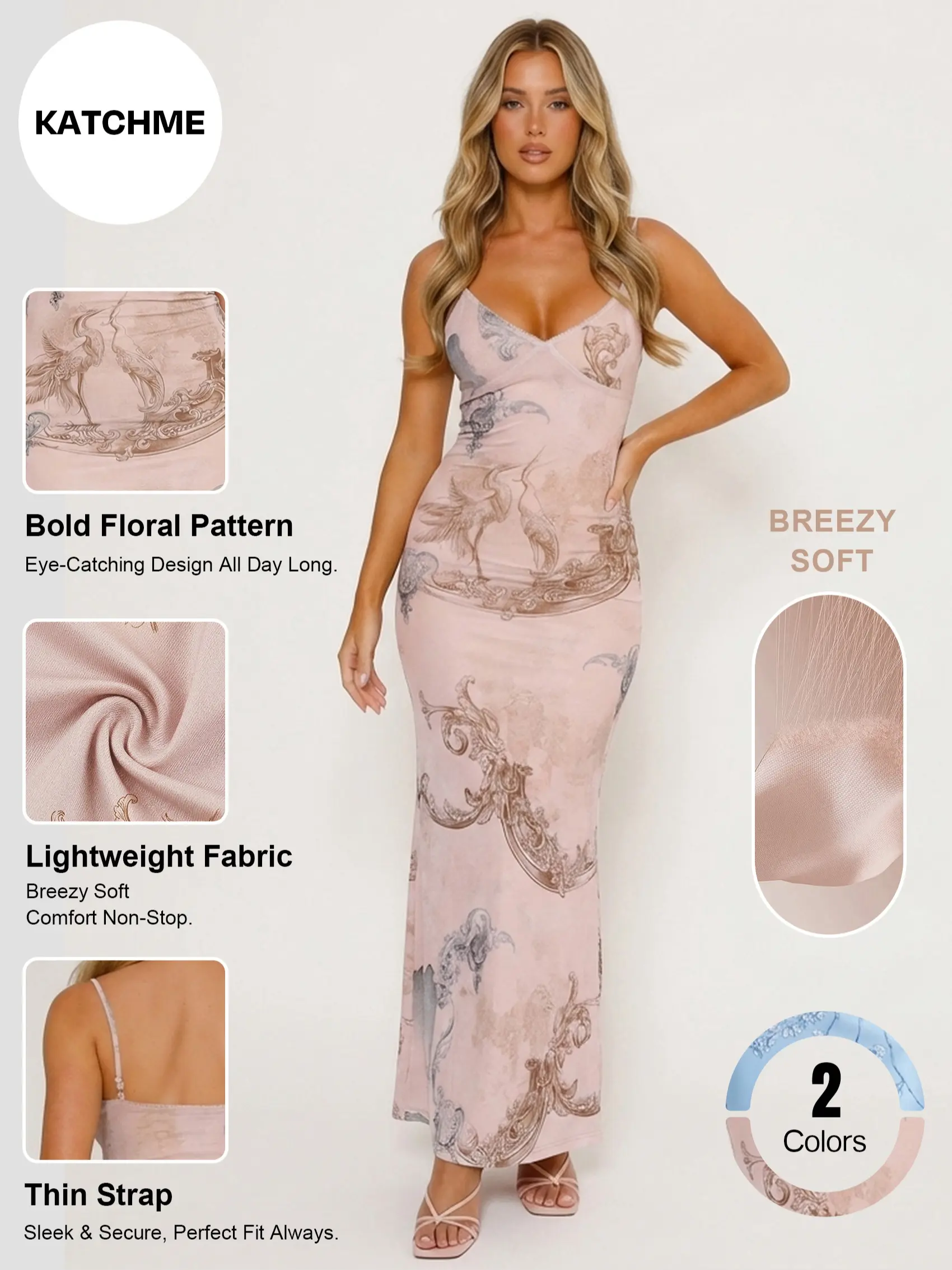 Katch Me Chic Women's Breezy Spaghetti Strap Floral Print Slinky Maxi Dress, Elegant Lightweight Figure Hugging Dresses for Holiday, Summer Dresses