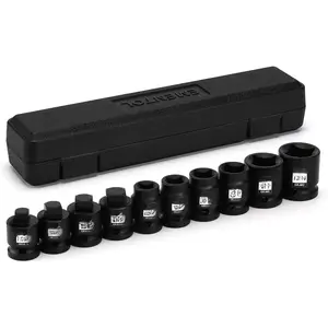 10 count 1/2" Dr. Pipe Plug Socket Set, SAE, CR-MO, Tapered Male Square Drive - 7/16 Inch to 9/16 Inch, Chamfered Female Square Drive - 7/16 Inch to 13/16 Inch