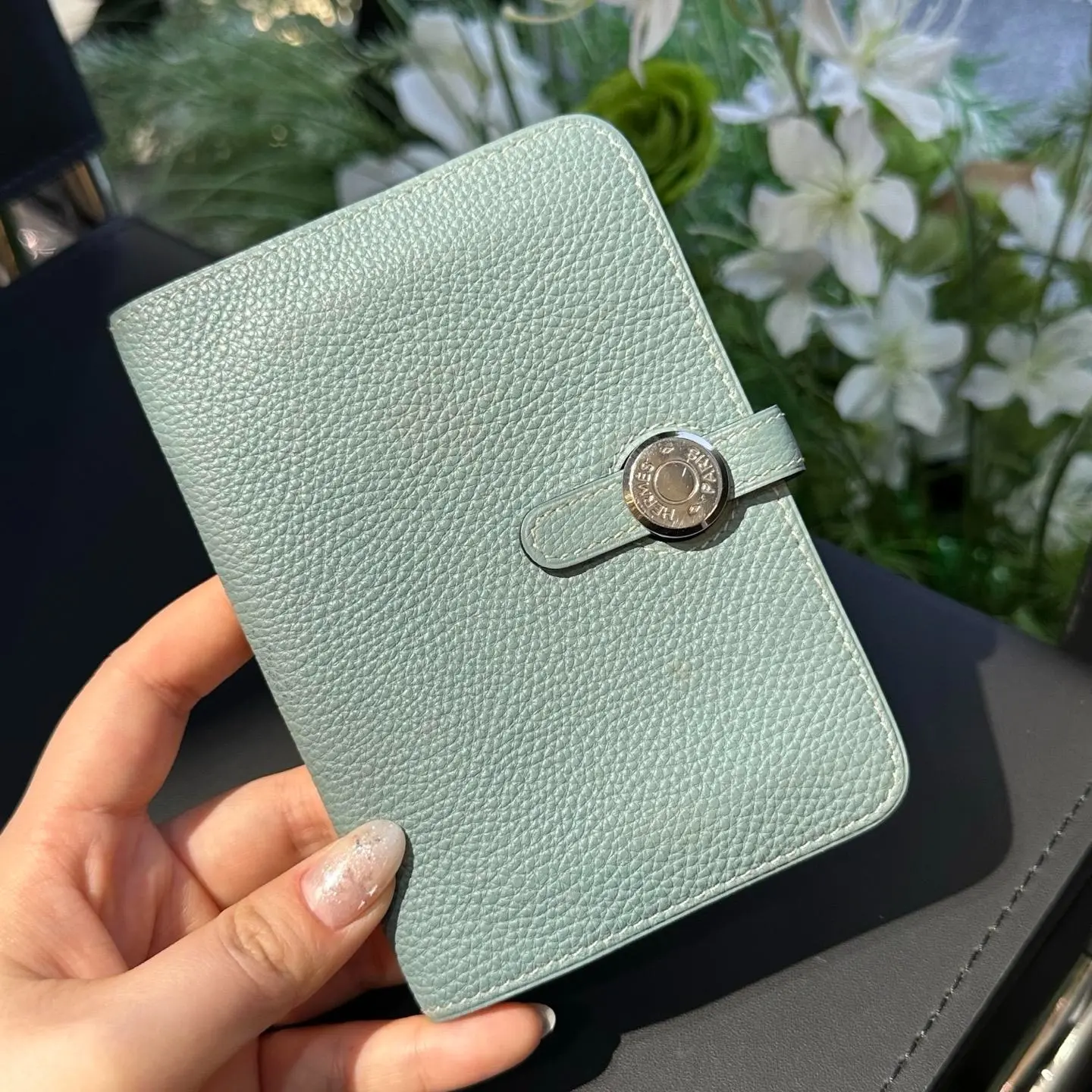 Pre-owned HERMÈS Dogon Short Wallet, Lin Blue Togo Leather, Silver Hardware 2507455
