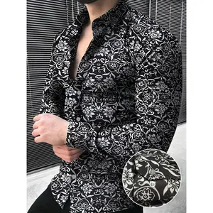Elegant Men's Paisley Floral Print Dress Shirt - Slim Fit, Long Sleeve, Button-Up with Stand Collar, 100% Polyester, Machine Washable - Ideal for Spring/Fall