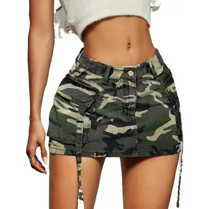 Camouflage Pattern A-line Skirt Workwear Flip Pocket Denim Short Skirt High Waist Hip Bag Fashionable Design Casual Summer Women'S Denim Half Skirt