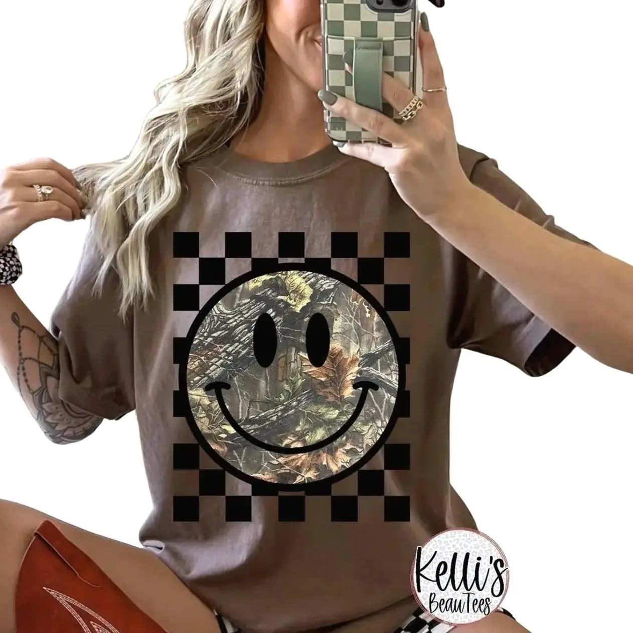 Checkered Camo Happy Face Shirt, Camo Smiley Face Tee, Checkered Grunge Graphic Tee, Casual Cotton Womenswear