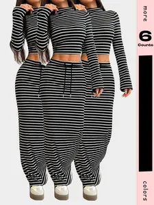 Women's Striped Print Long Sleeve Top & Skirt Set, Elegant Fashion Casual Two-Piece, Perfect for Daily Outdoor Wear All Seasons