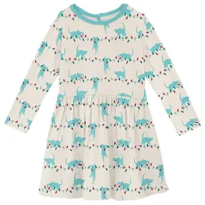 Bamboo Print Long Sleeve Twirl Dress: Natural Tangled Kittens