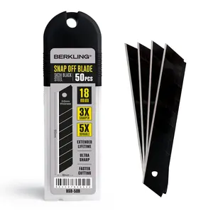 Berkling 18mm Utility Knife Blades – 50 PCS Blackened SK2H Steel with Snap-Off Edge