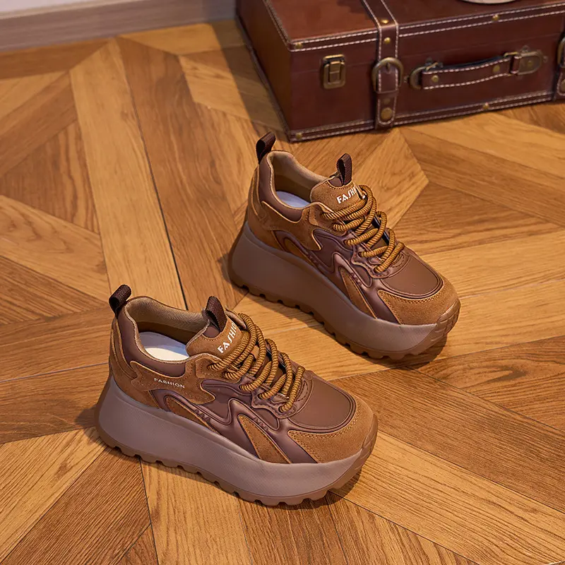 Women's Chunky Platform Sneakers, Brown PU Leather Dad Shoes, Casual Walking Shoes & Sports Trainers, Sports Shoes