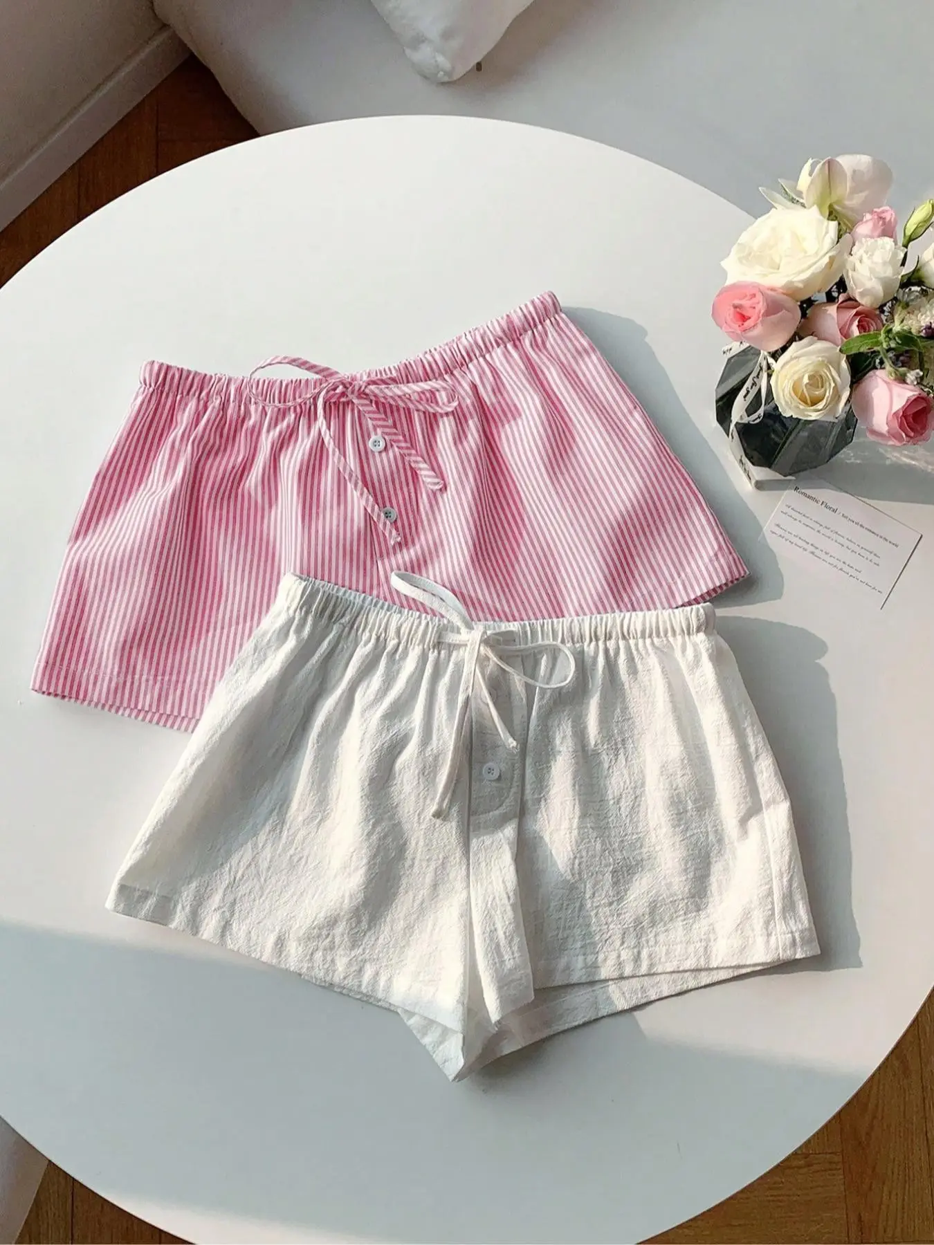 Women's Summer Vacation Shorts, Casual, Adjustable Drawstring Waist, Faux Button Design, Striped Pattern, Beachwear Fashion, Pack of 2, Bottom