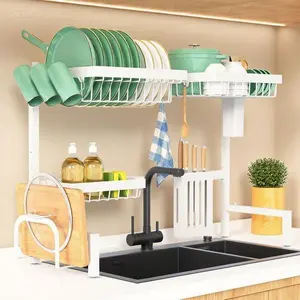 Adjustable Over Sink Dish Rack - Large Capacity 2-Tier Kitchen Organizer with Multifunctional Baskets, Expandable Sink Drying Rack 26.8" to 33.9" x 21.5", White Space-Saving Dish Drainer for Countertop