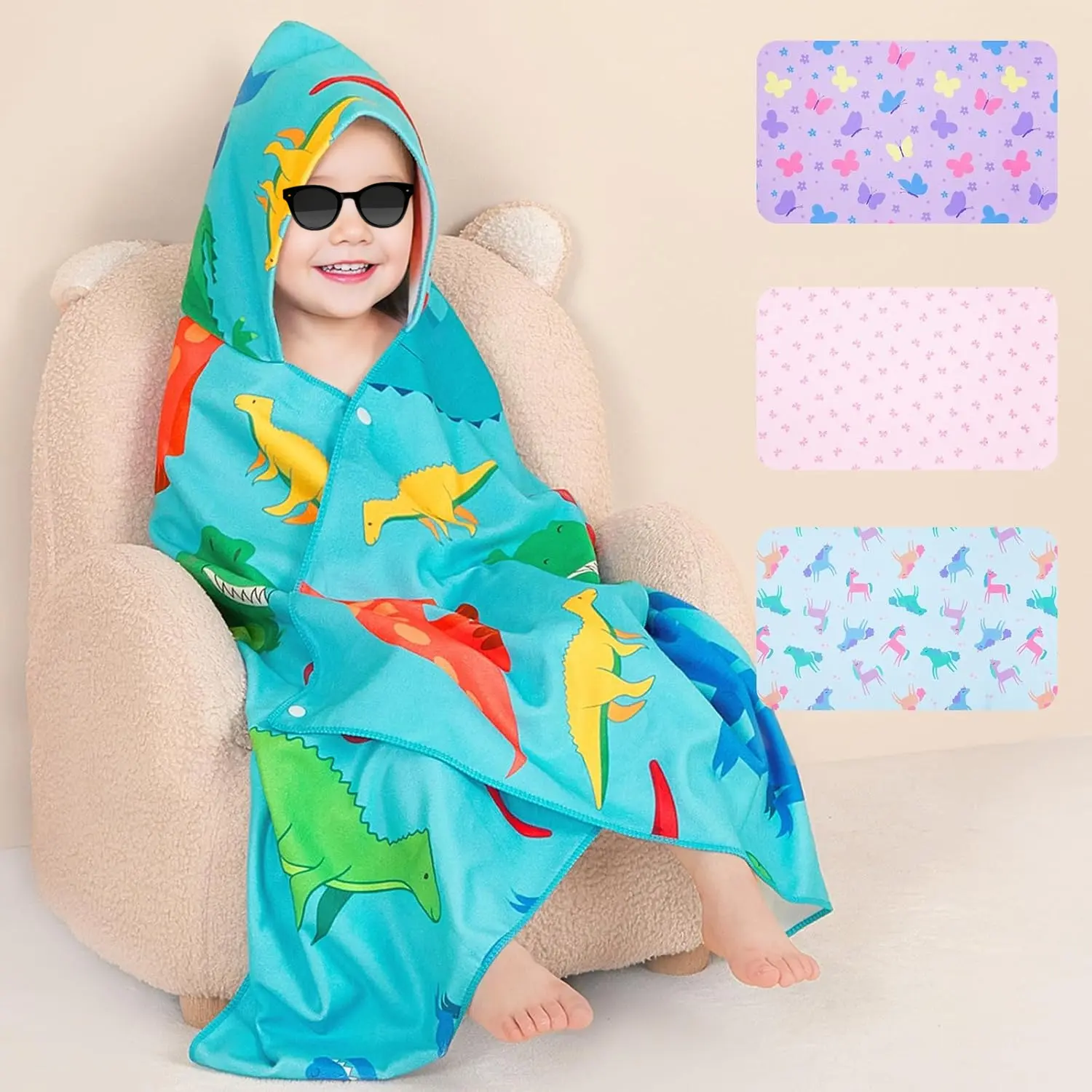 Toddler Hooded Bath Towel - Dinosaur, Heart & Butterfly Print Soft Microfiber Wrap, 55"x28" Absorbent Button Closure Cover-up for Kids, Ideal for Pools, Baby Showers Gifts, Dinosaurs