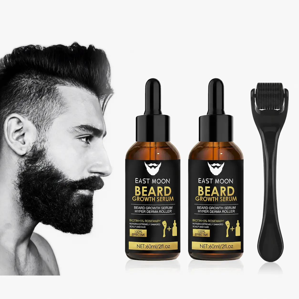 [BUY 1 GET 1 FREE】Men's Lightweight Beard Roller Kit - 540-Needle Stainless Steel Derma Roller, Castor Oil Serum for Fuller Beard Growth, Daily Hair Care Gift