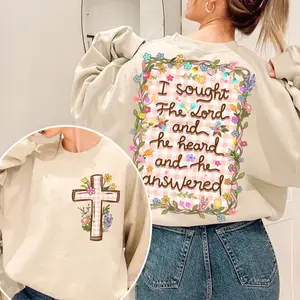 I Sought The Lord And He Heard Me T-shirt, Bible Verse Gift, Vintage Graphic Streetwear, Boho Christian Wildflower Crewneck Sweatshirt, Floral Cross Hoodie, Faith Quote, Religious Mom, Trendy Faith-Based Apparel, Women's Grace sweater