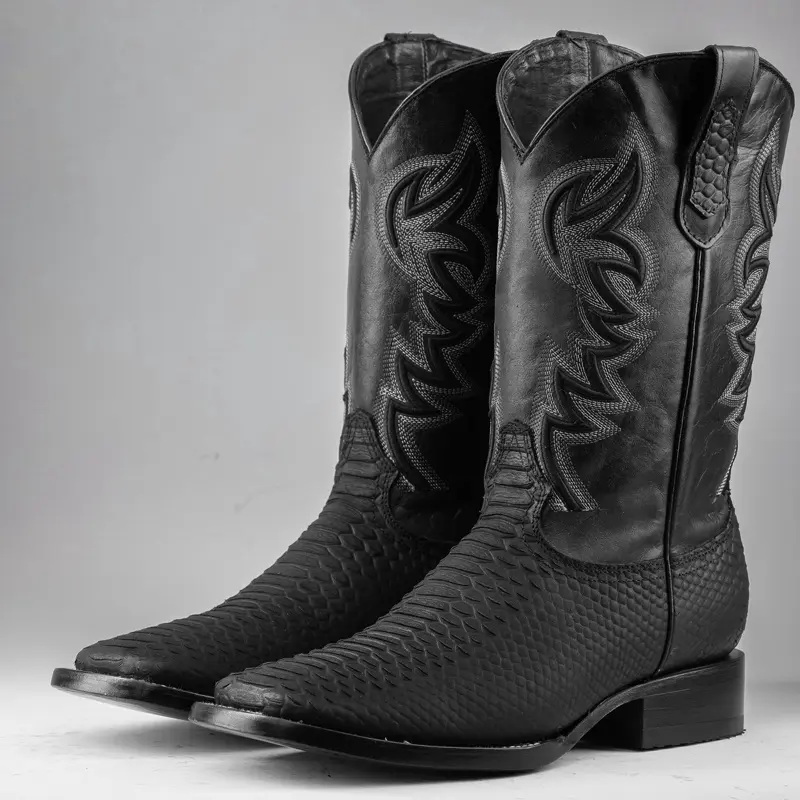 Matte Black Python Print Leather Boots - Square Toe