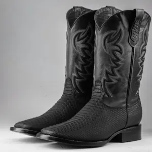 Matte Black Python Print Leather Boots - Square Toe