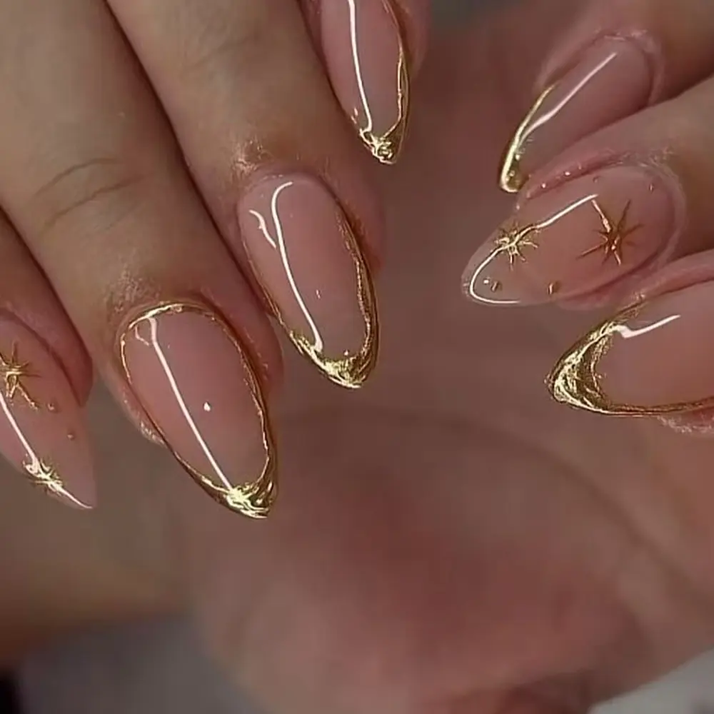 24pcs Long Almond Gold Edges French Star Design Acrylic Press-On Nails Set, Includes Jelly Glue and Nail File, Easy Wear, Perfect for Parties, Glittering Fake Nails, Nail Art Supplies, Nail Art Designs, Nail Kit Set