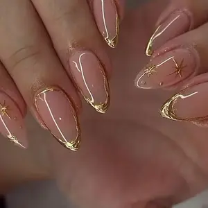 24pcs Long Almond Gold Edges French Star Design Acrylic Press-On Nails Set, Includes Jelly Glue and Nail File, Easy Wear, Perfect for Parties, Glittering Fake Nails, Nail Art Supplies, Nail Kit Set