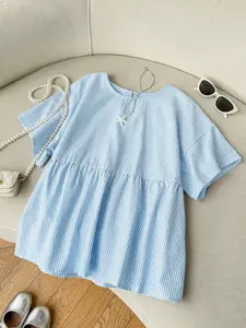 Women's Casual Loose-Fit Striped T-Shirt Top with Button, Round Neck Short Sleeve, Essential for Commute, Social, Outdoor, Daily Wear