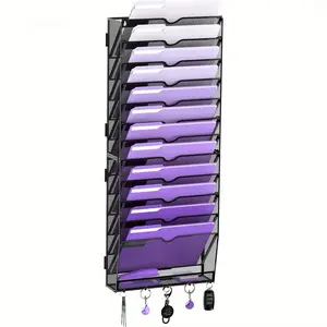 13-Tier Vertical Wall-Mounted File Organizer with Hooks, Mesh Magazine Rack, Suitable for Home and Office Use