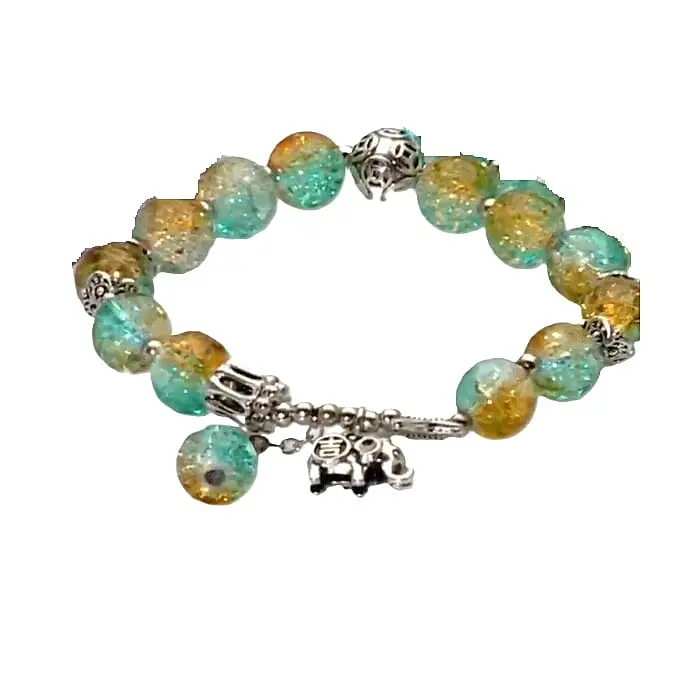 Blue Yellow Glass Beaded Stretch Bracelet with Butterfly and Elephant Charm in Silvertone