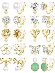 10 Pairs Golden Clip on Earrings for Women Men Comfortable Non Pierced Alloy Earring Clips Faux Pearl Shiny CZ Twist Heart Flower Butterfly Clip Earrings Set Hypoallergenic Fake Clip on Stud Earrings Jewelry Set