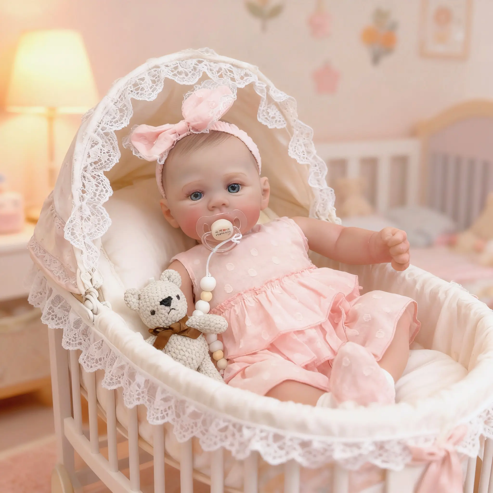 18-Inch Lifelike Awake Reborn Newborn Doll, Adorable Face, Soft Cloth Body, with Feeding Set, Pink Lace Crib, and Stuffed Doll Toy Soft Weighted Dolls Crochet Doll