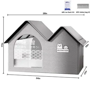 Pet Cooling House, Foldable Cat and Dog House for Outdoor Indoor with Air Conditioning 10 Ice Packs, Durable Indoor Outdoor Dog Houses Ventilate & Easy Clean and Assemble (28''L*18''W*17''H, Gray)