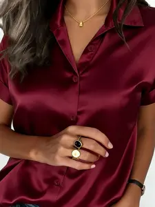 Women's Plain Elegant Satin Short Sleeve Shirt, Button Front Design, Loose-Fitting Casual Top, Fashionable Roll-Up Sleeves